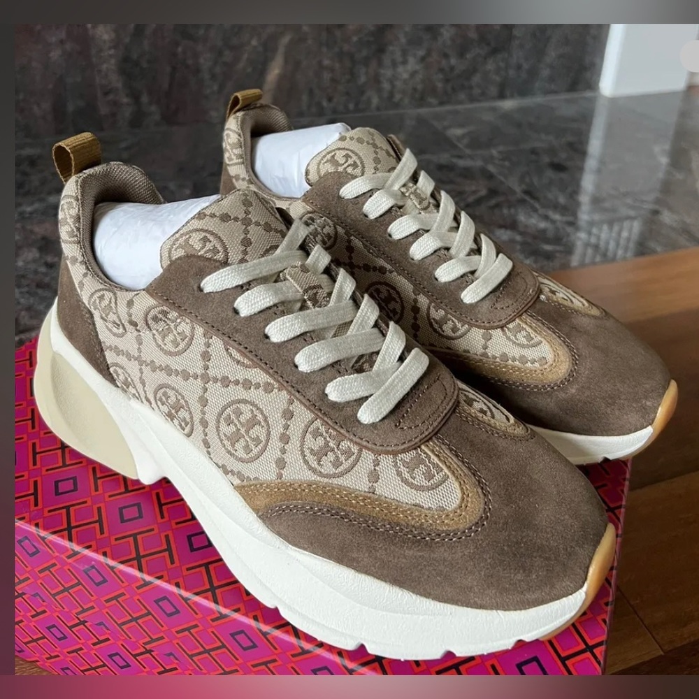 Tory Burch Taupe and Cream Logo Platform Sneakers